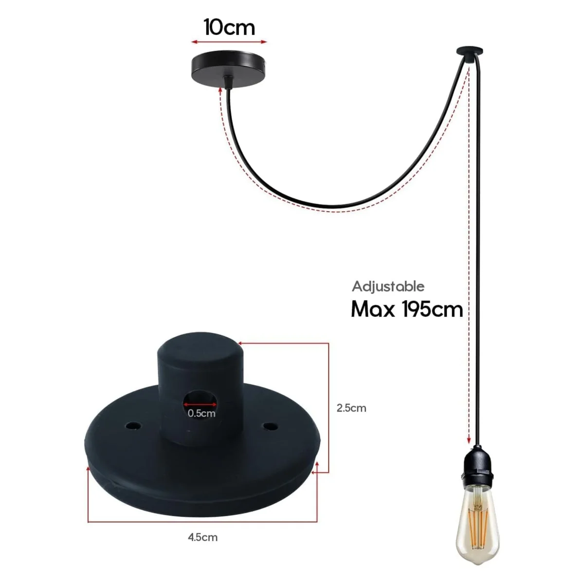 Black modern lamp holder with E27 socket, 2m cable, hanging from ceiling, suitable for indoor/outdoor use.