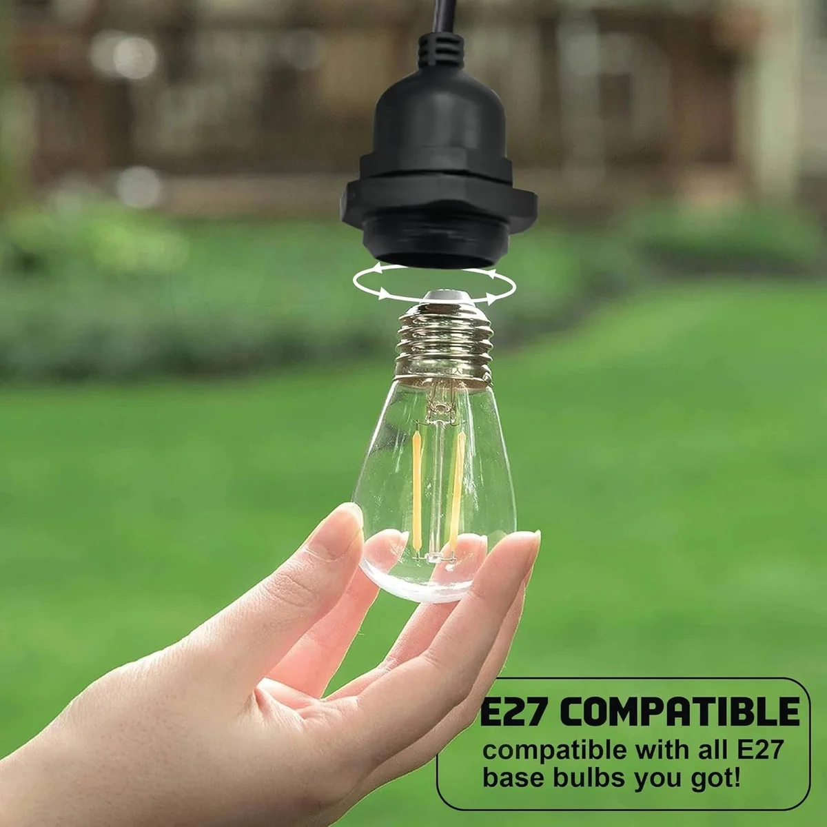 Black modern waterproof ceiling light with E27 socket, hanging pendant, 1m PVC cable, suitable for indoor/outdoor use.