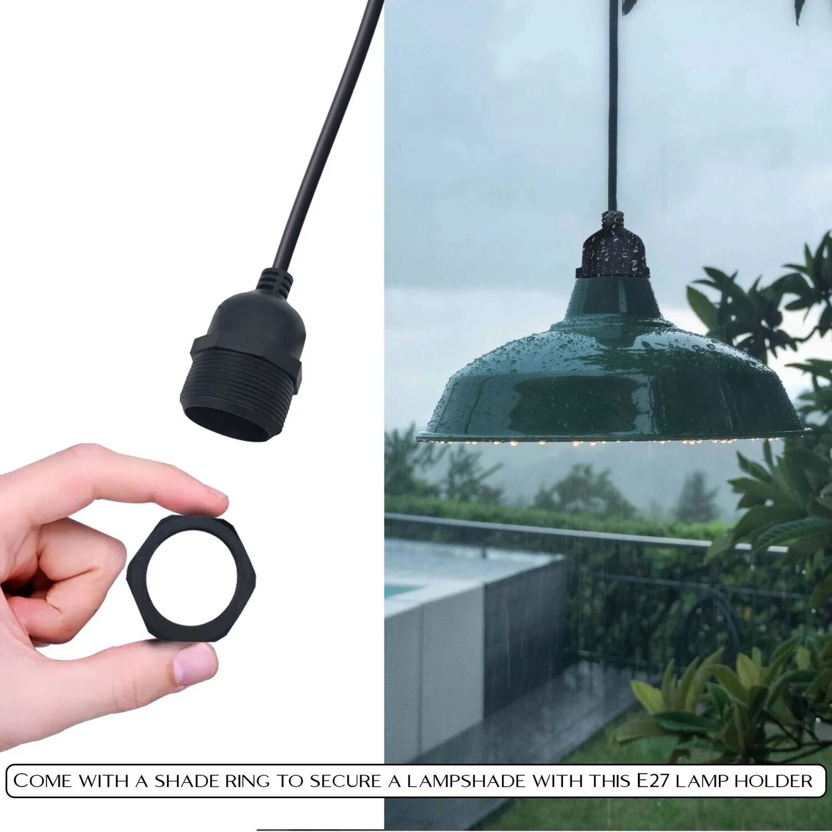 Black pendant lamp with sleek plastic holder, single E27 socket, angled hanging on 1m cable, modern outdoor‑ready style