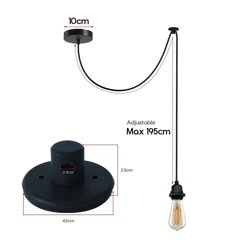 Black modern E27 ceiling suspension lamp with long cable, metal holder, plastic housing, suitable for indoor/outdoor use