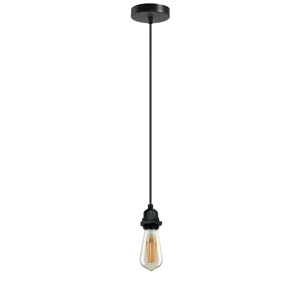 Black modern E27 pendant light holder with 1m PVC cable, ready for indoor or outdoor installation.