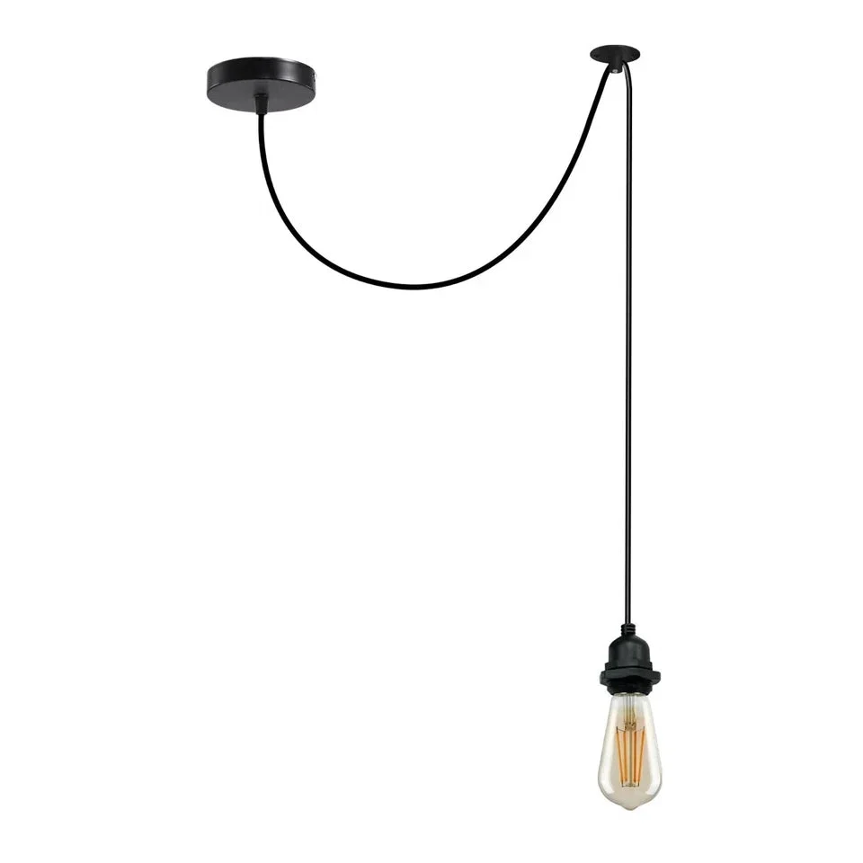 Black modern style E27 pendant light holder with 1m cable, plastic and copper build, steps for indoor/outdoor use.