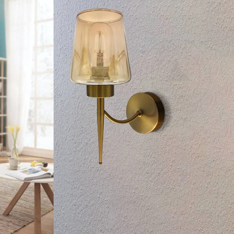 Modern amber glass wall light with copper-plated decorative plate and metal ceiling rose, 16 cm tall glass shade