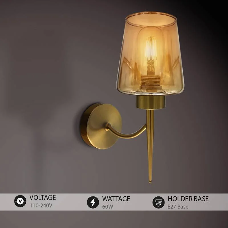 Antique brass dimmable wall light with amber glass shade and copper plated metal plate