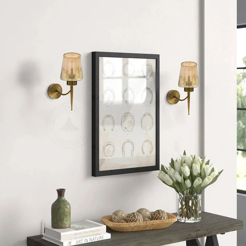 Amber glass wall light with copper plate base, 60W, E27 compatible wall light, modern style, perfect for indoor use.