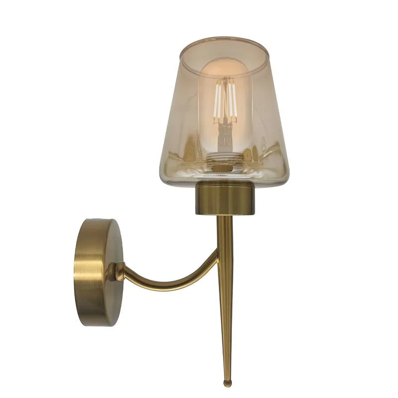 Amber glass wall light with antique brass copper plating, mounted on wall, modern style glass shade.