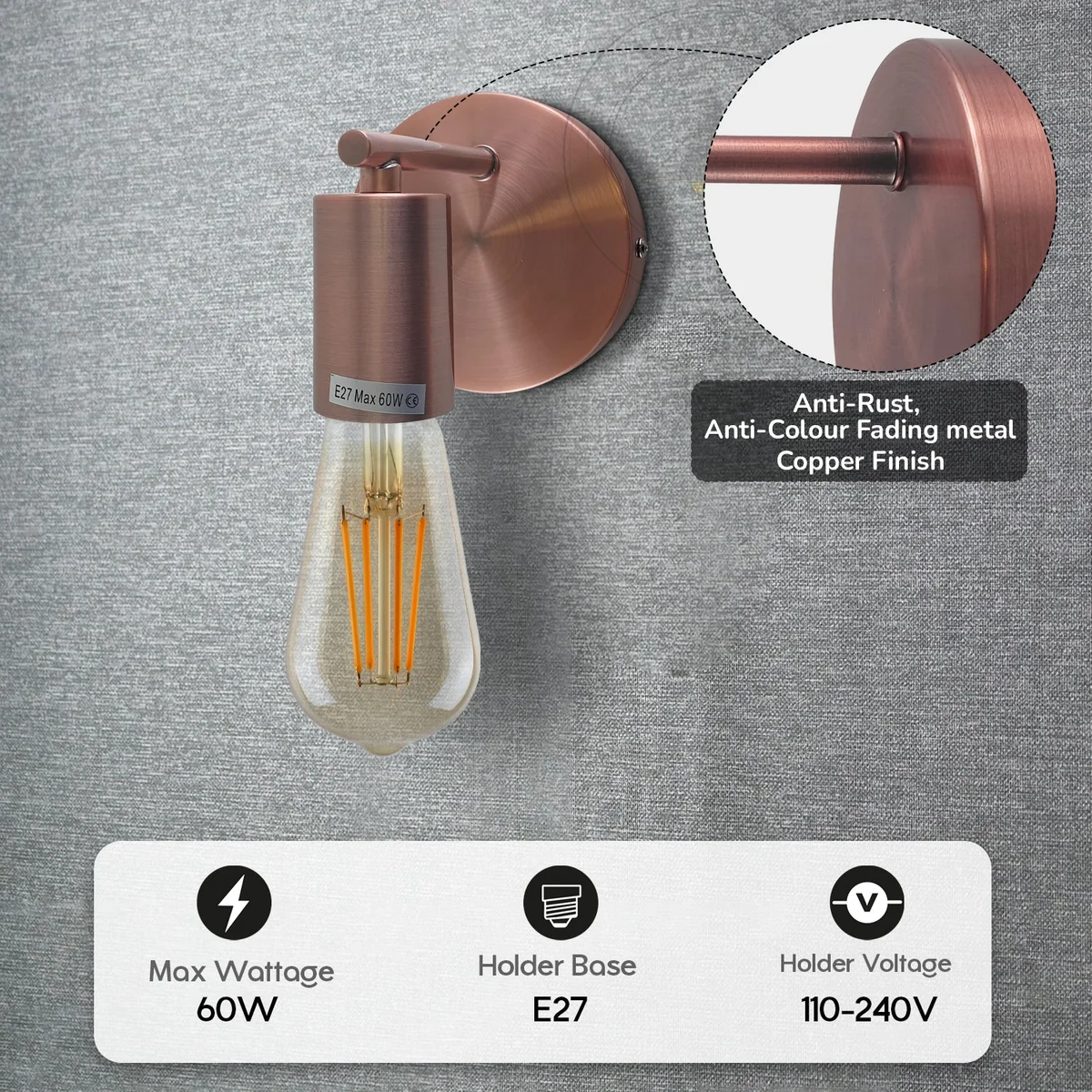 Metal vintage wall lights with black finish, wall‑mounted, bundled with rose and holder, ideal for living room decor.