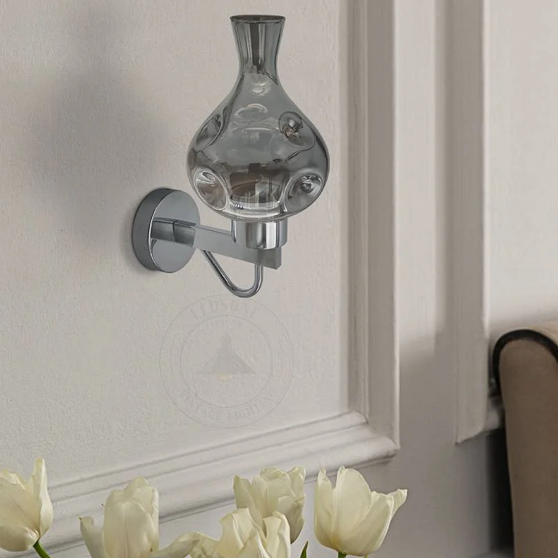 Smoked glass wall lamp with chrome plate, vase shape, dimmable, hardwired wall light for living rooms.