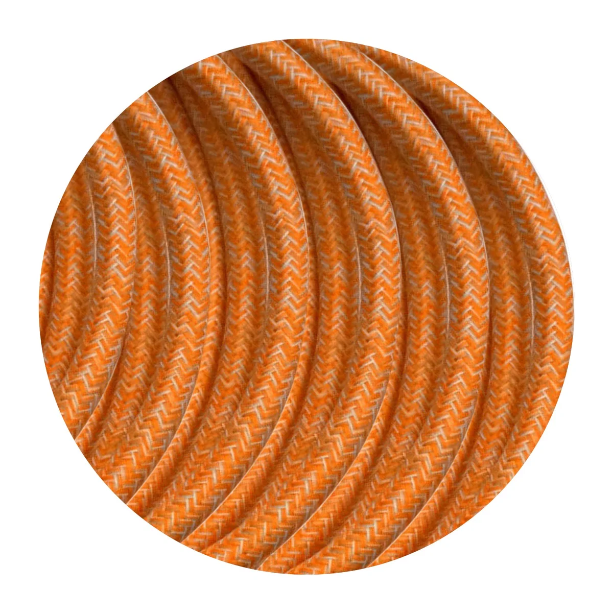 3 core orange fabric cable wrapped in braided design, showing round shape and colour.