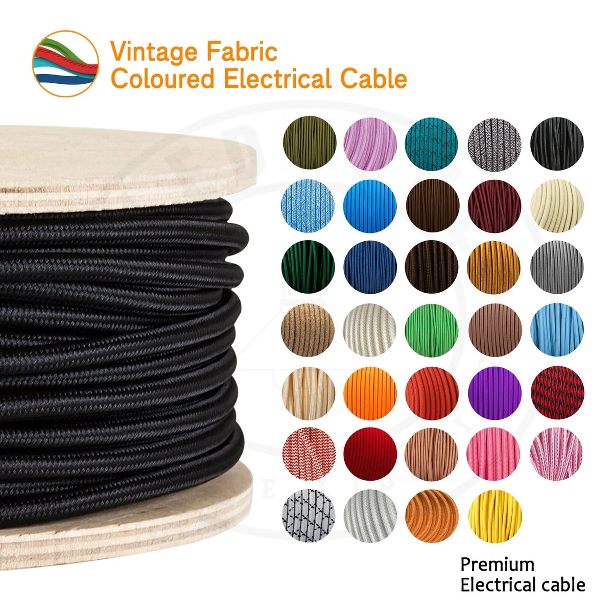 Three-core round orange fabric cable with braided pattern, measuring 1m, 5m, or 10m, shown on white background.