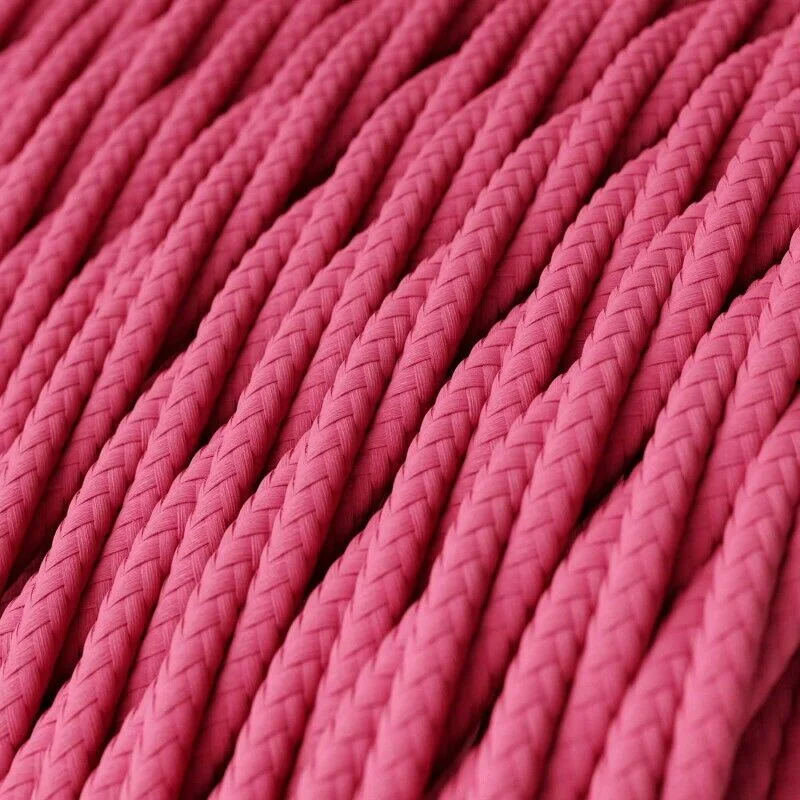 Rose pink fabric cable with twisted Italian braided finish, 3 cores, 5mm diameter—ideal for pendant lighting