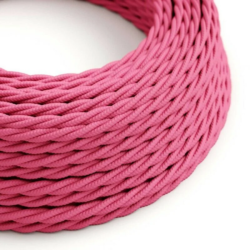 Rose pink twisted fabric 3‑core cable with 0.75mm copper conductor, braided Italian style.