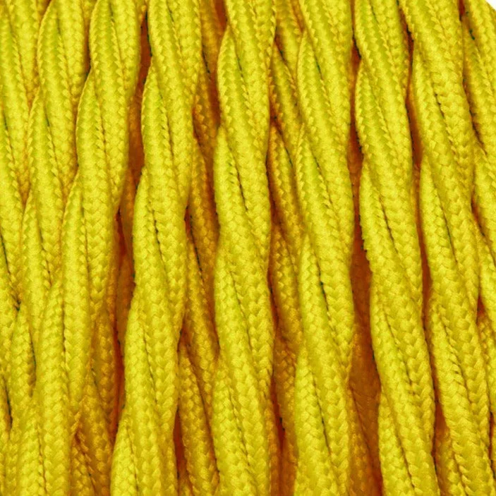 Solid yellow 3 core twisted electric cable displayed in a flexible woven fabric jacket, copper cores visible.