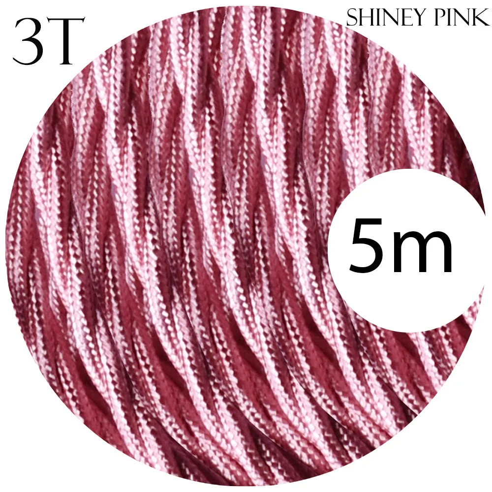Pink 3 core fabric cable, twisted, 6mm diameter, flexible copper wires in woven PVC fabric, ideal for vintage lamp rewiring.