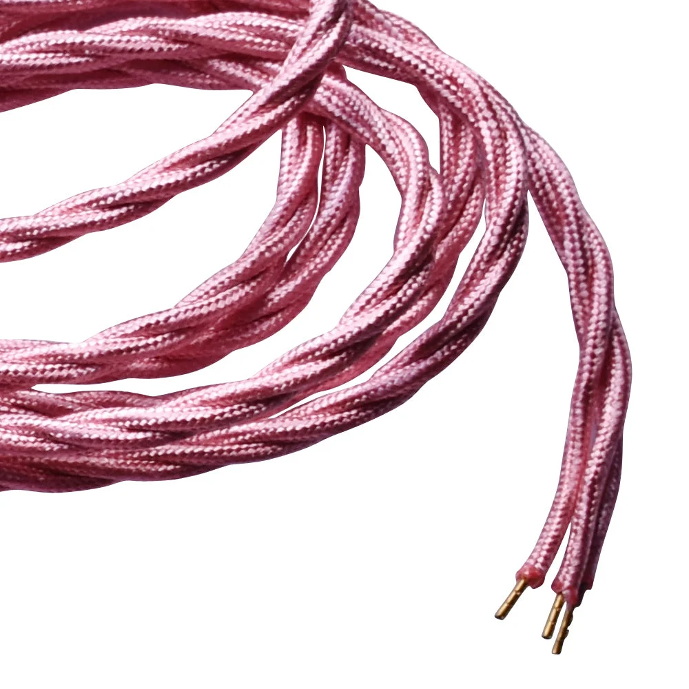 Pink 3‑core twisted fabric cable with woven finish, shown as a ribbon of copper PVC, indoor flexible fabric cable