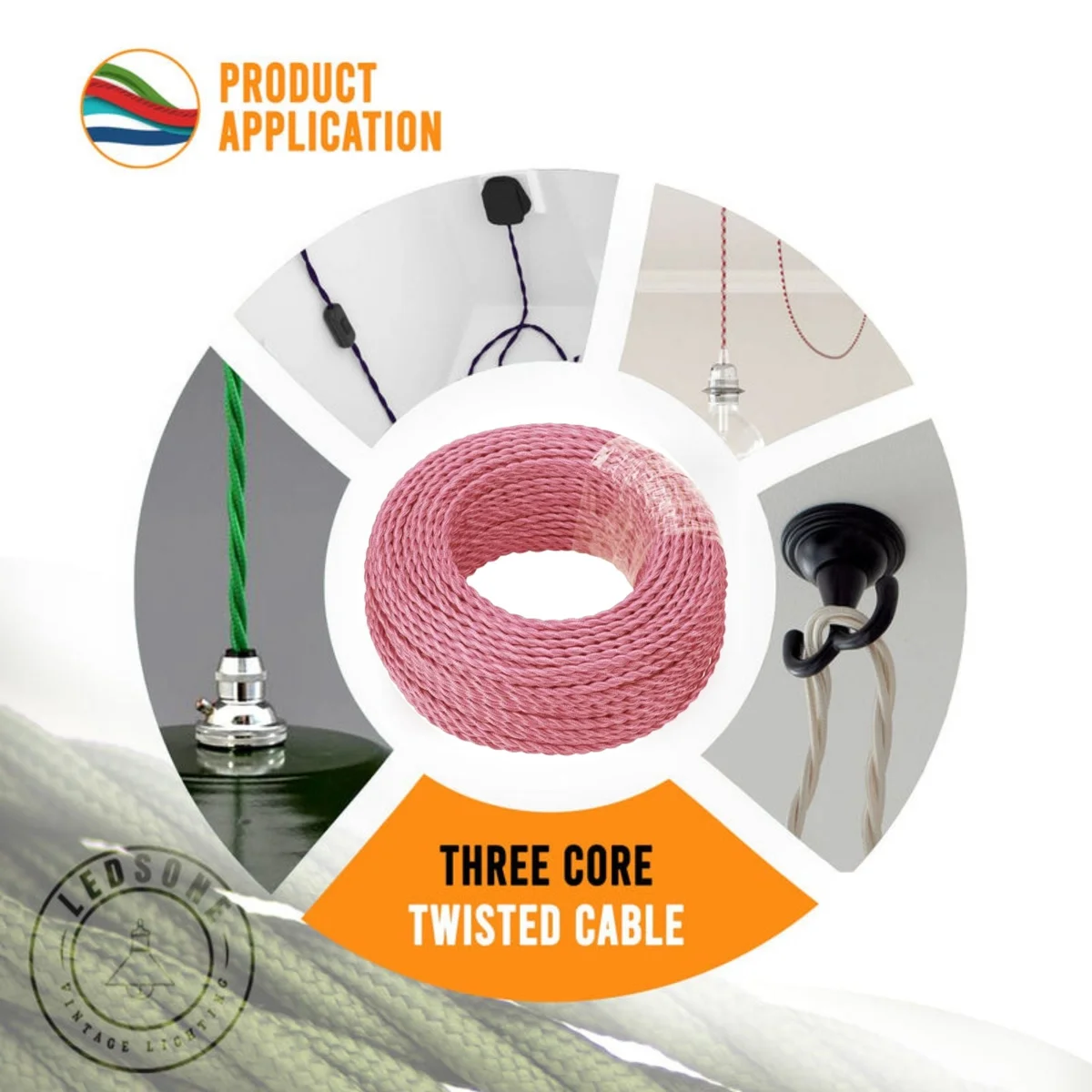 Twisted fabric cable in pink, showing woven finish and copper cores, suitable for indoor lighting fixtures.