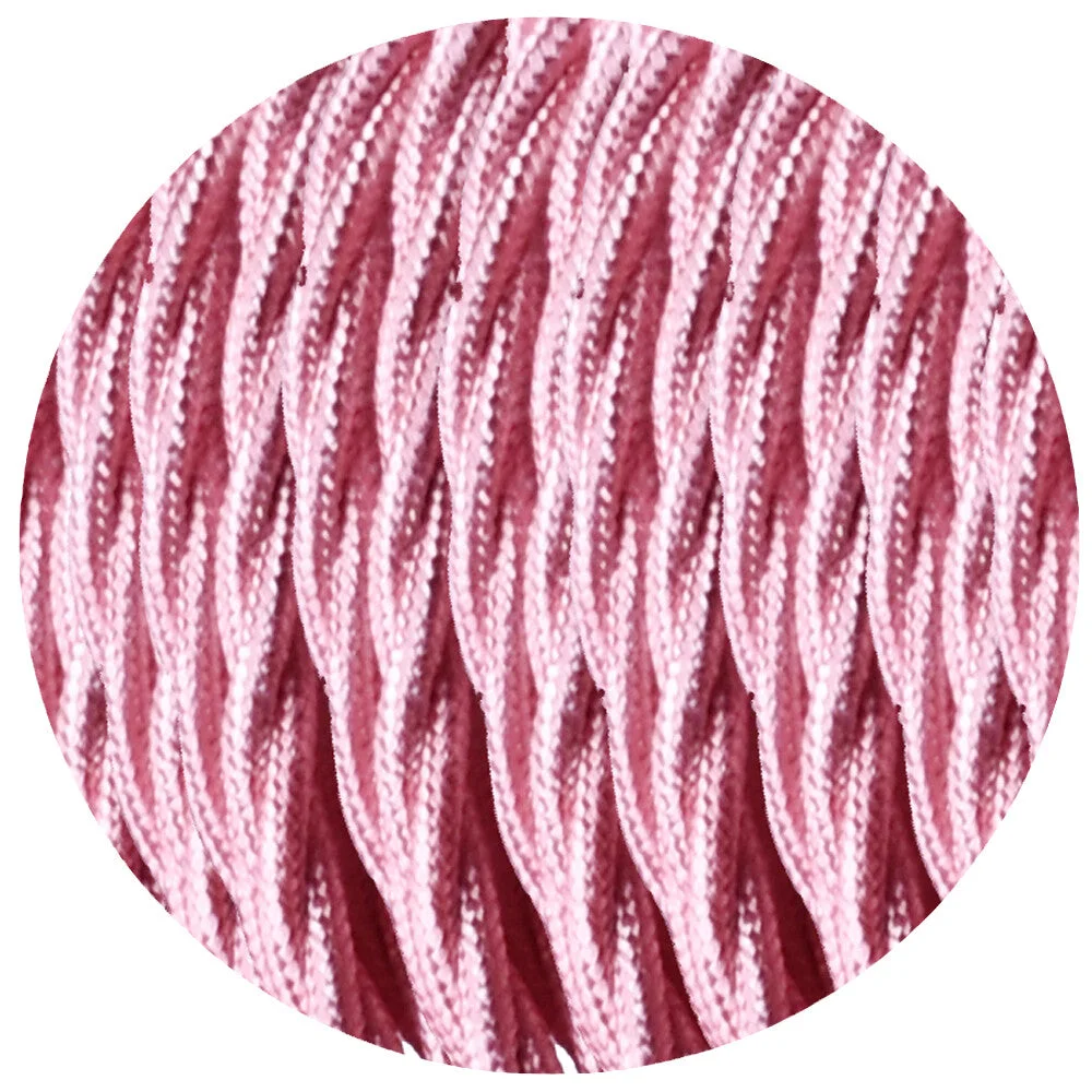 Pink twisted fabric cable with three coiled copper strands in woven PVC covering, displayed on a 5m length.