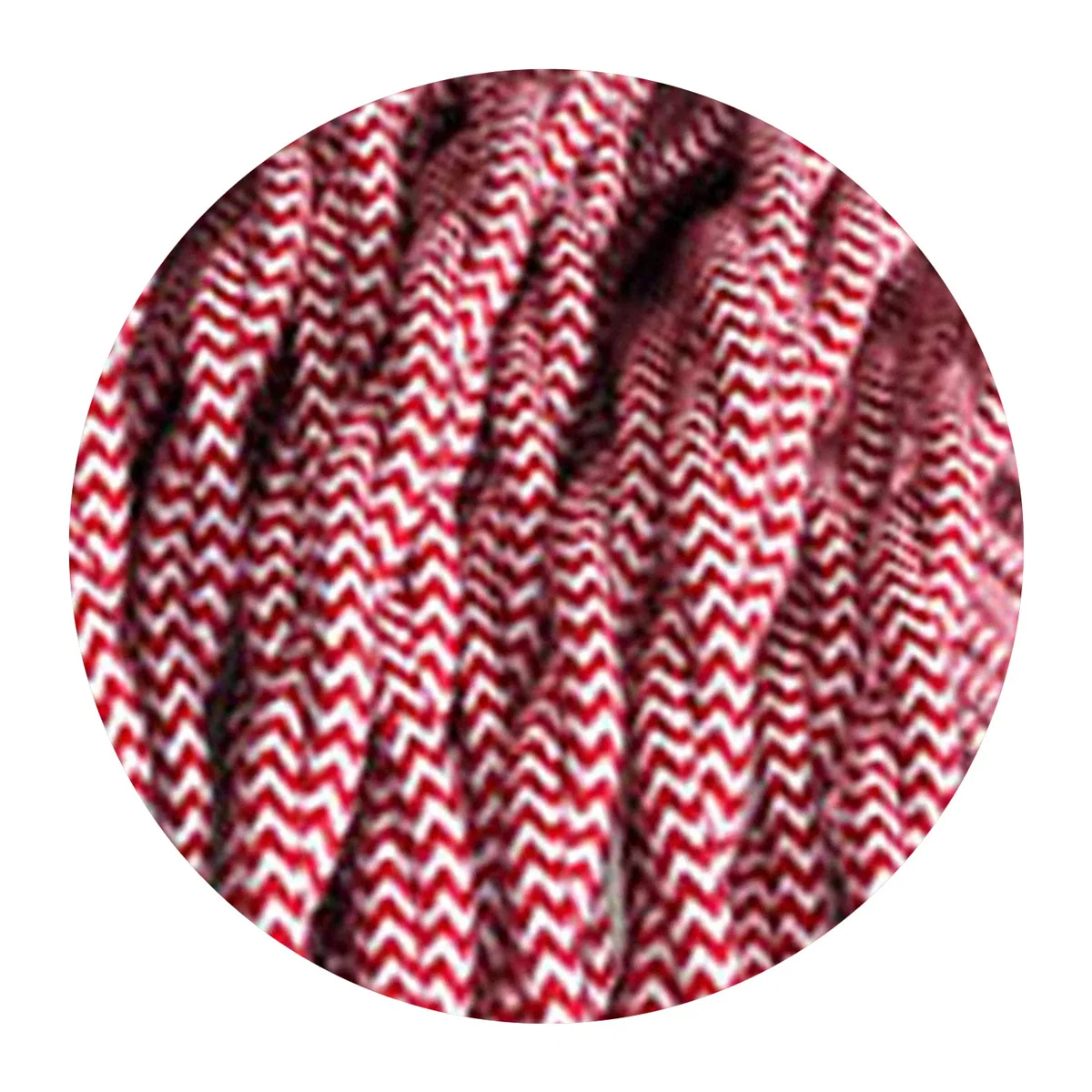 3 core twisted electric cable in red and white fabric, 6mm diameter, for indoor use.