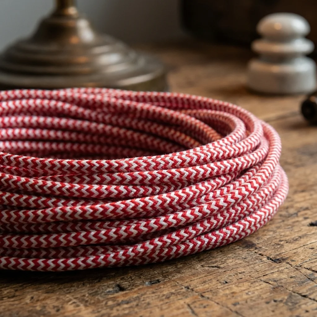 Red and white 1M 3‑core fabric covered electric cable, copper core, 0.75mm, flexible, indoor use, 240V.