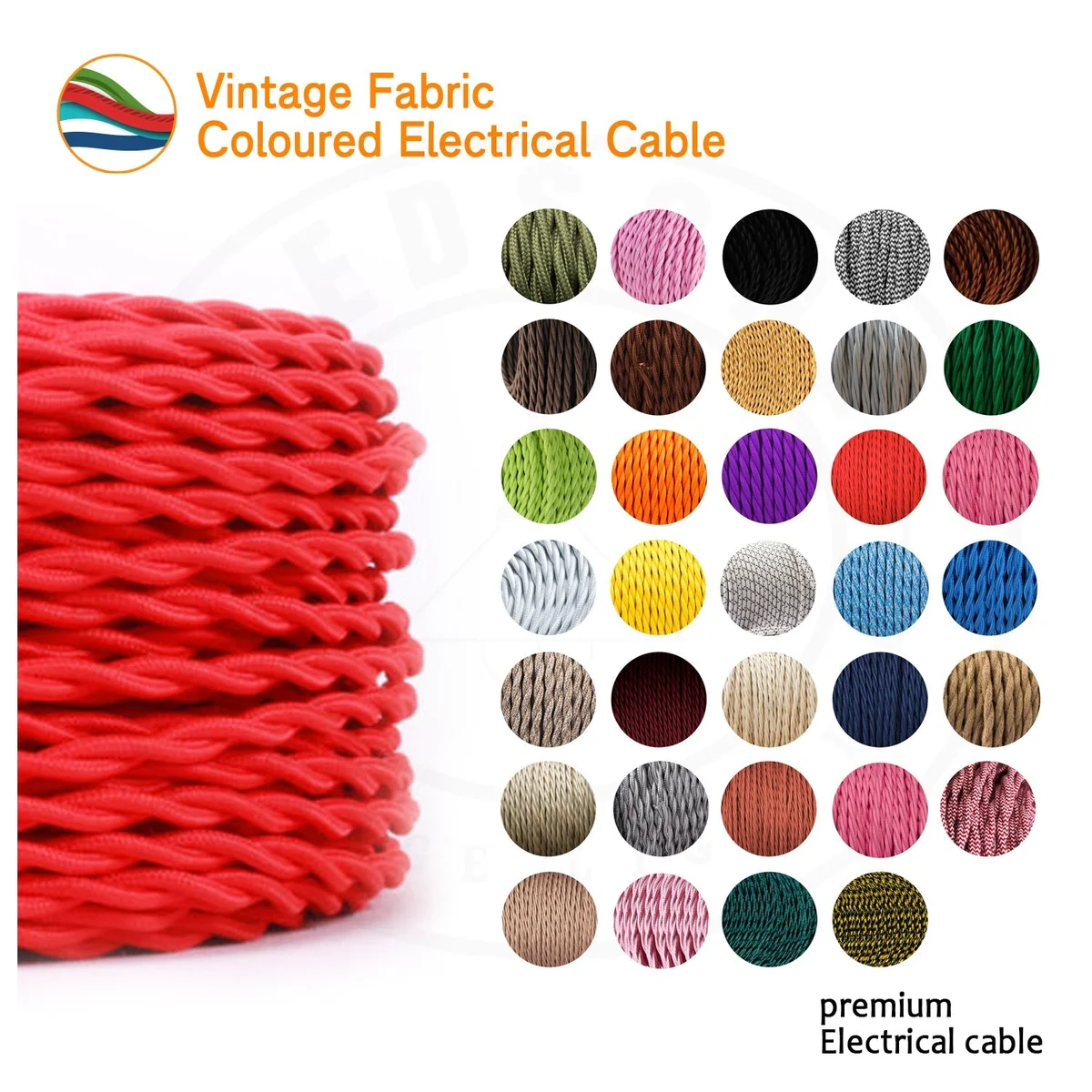 Orange twisted fabric cable, 3 core, flexible vintage cable with woven finish, 6mm diameter, suitable for indoor UK use