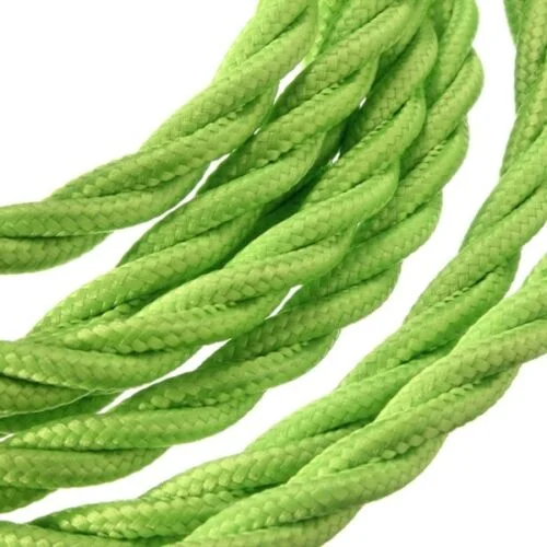 Twisted fabric lamp cord – light green 3‑core braided cable with silk finish, showing the green braid and plug tip.