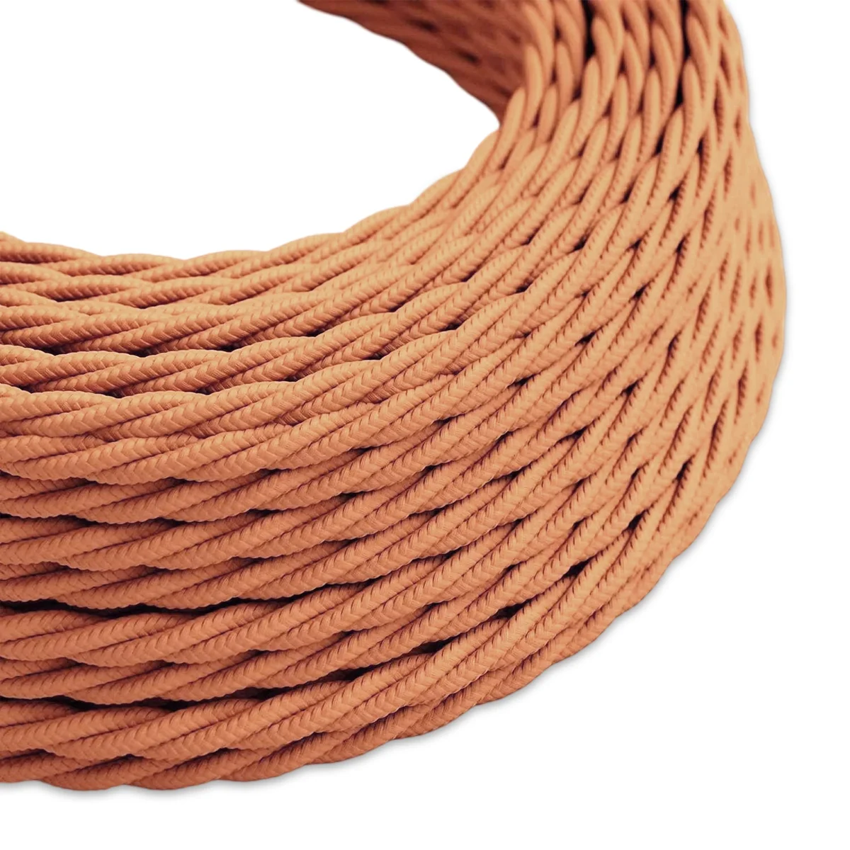 Light brown 3 core twisted electric cable with woven fabric finish, shown in longer straight length.