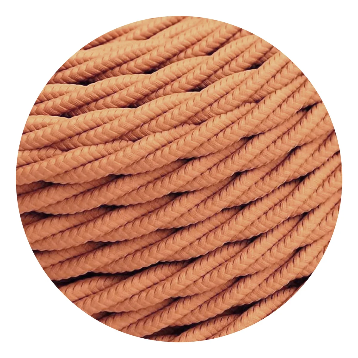 Light brown 3‑core twisted electric cable with woven fabric finish, showing two or three cores, 0.75 mm each, length of 1 m.