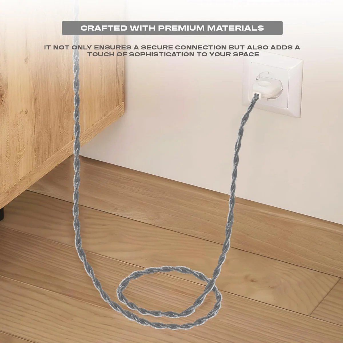 Light brown 3 core twisted electric cable in fabric, 5m length visible on flat surface