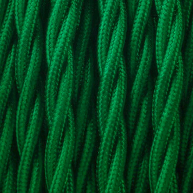 Dark green 3‑core vintage electric fabric cable, 0.75mm cores, 6mm diameter, 240V rating, seen on a 5 m roll.