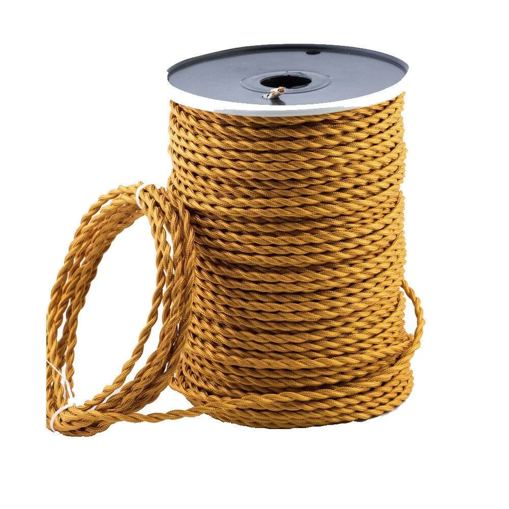 gold braided 3 core fabric cable, 1m length, rolled with exposed connectors, showing double ends.