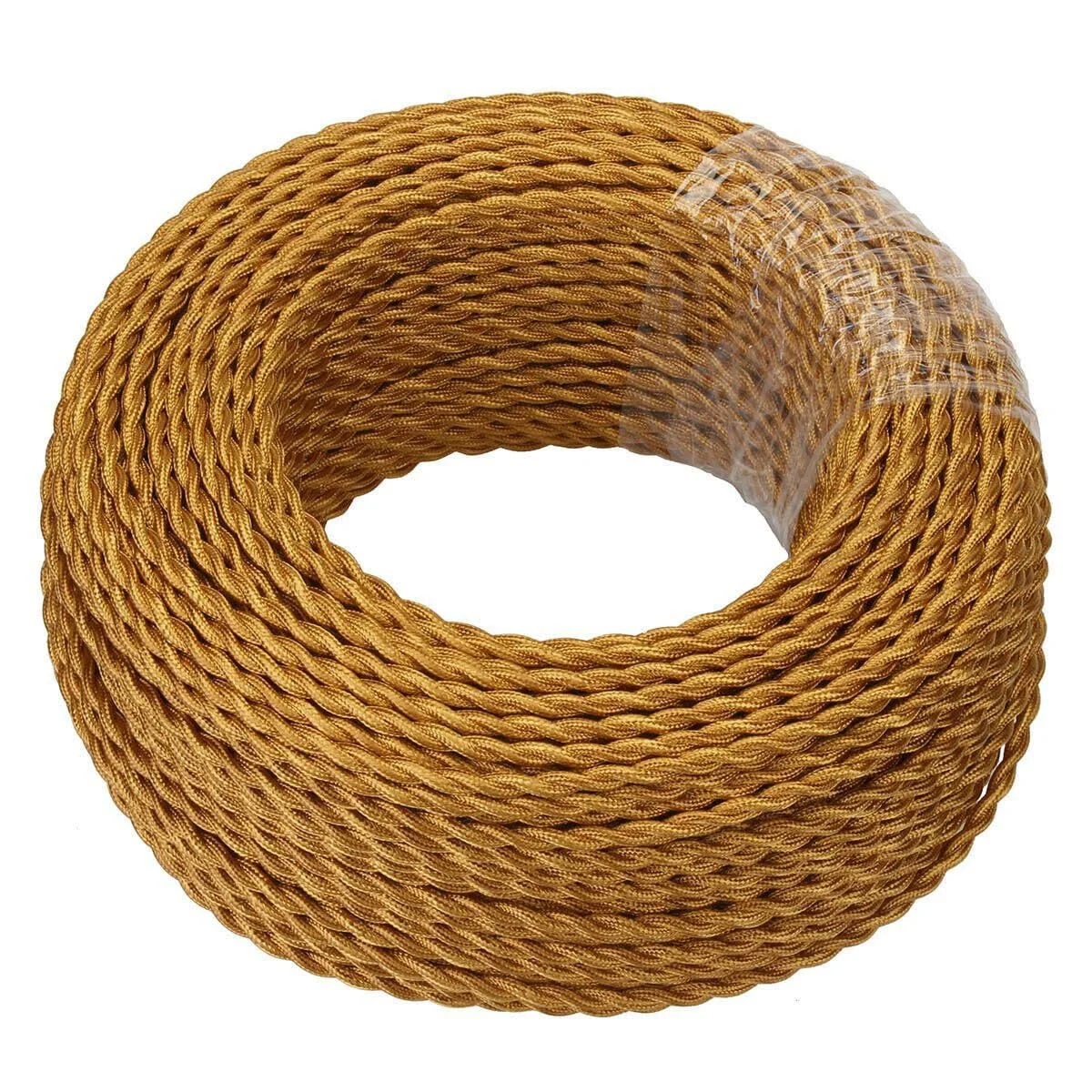 Gold twisted fabric 3-core indoor lighting cable with copper conductors, shown as a flexible stylish accessory for pendant lights