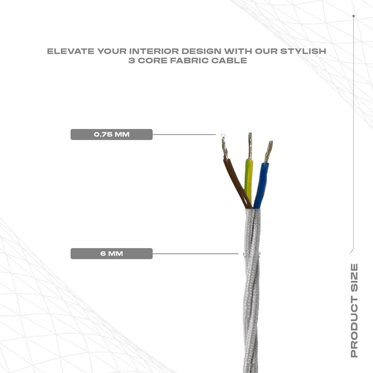 Flexible vintage cable in gold twisted fabric showing a 10 m length with soft, durable twist ideal for pendant lights.