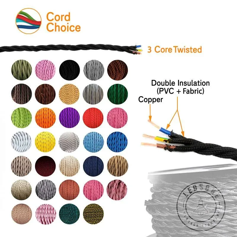 Black & white 3‑core twisted fabric cable, 5 m long, showing braided fabric and visible copper conductors.