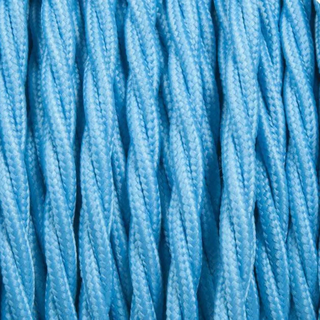 Light blue 3 core twisted electric cable, fabric‑faced, showing flexible braided strands and copper cores.