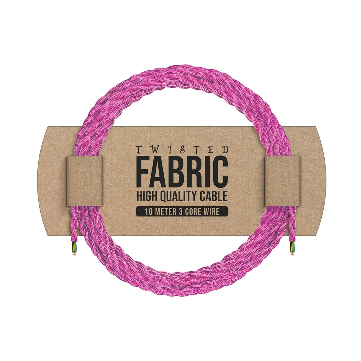 5m baby pink twisted fabric cable, 3-core with copper conductors, shown rolled flat with visible vintage braided fabric
