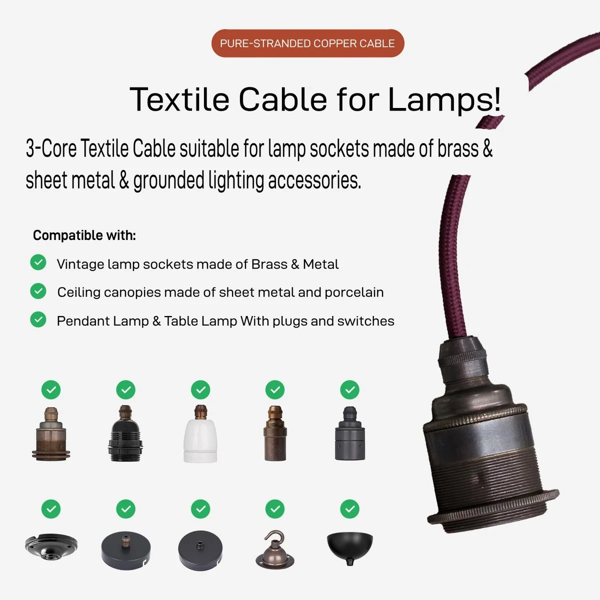 Baby pink twisted fabric pendant light cord, 3 core, with visible braided outer layer and copper conductors.