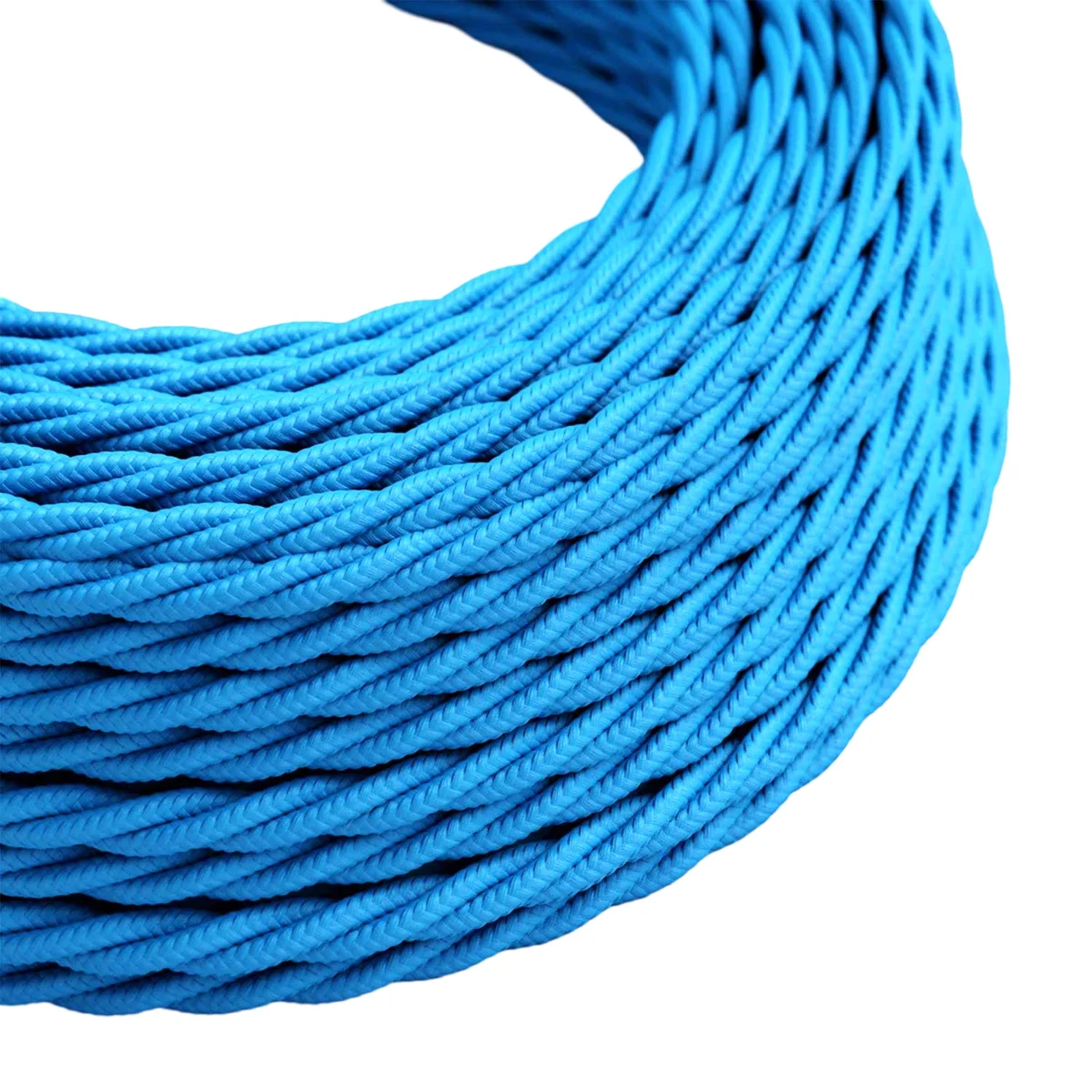 Blue 3-core twisted fabric cable, 6mm outer diameter, displayed as a whole length vintage lighting flex