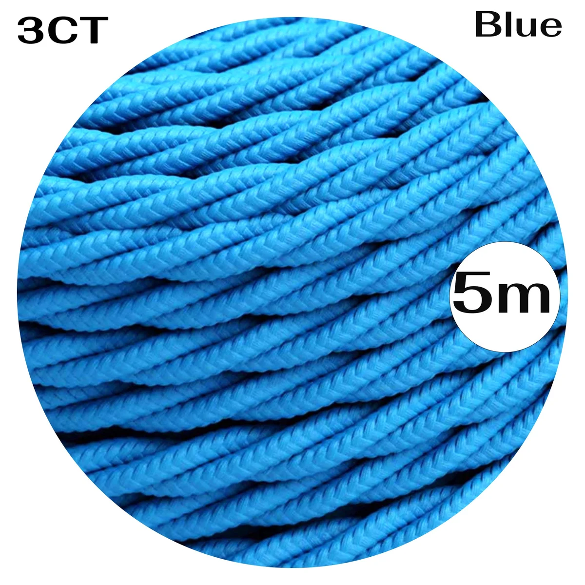 3-core blue twisted fabric cable, 6mm diameter, showing flex and coil, labelled 1M/5M/10M, a UK compliant cable