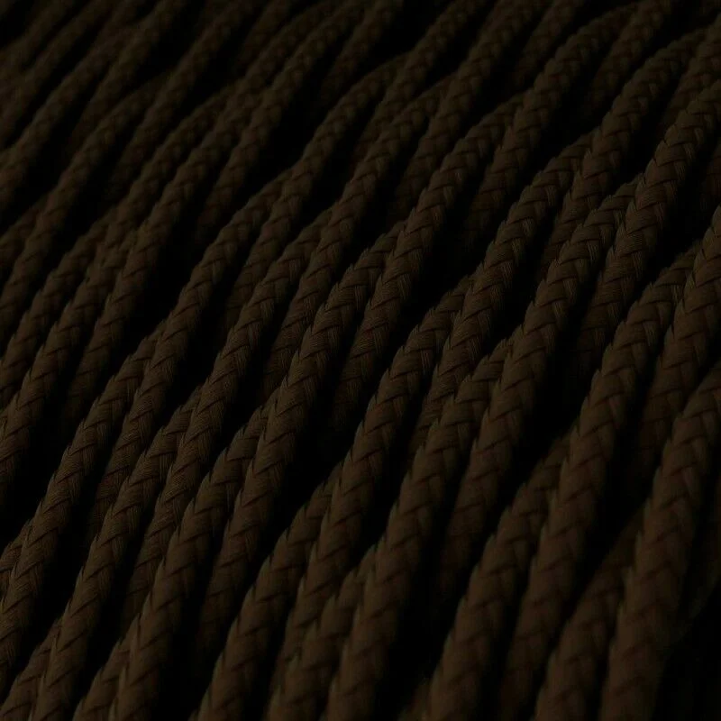 Indoor lighting cable: 3‑core dark brown fabric cable, 6mm diameter copper conductors, twisted, woven finish.