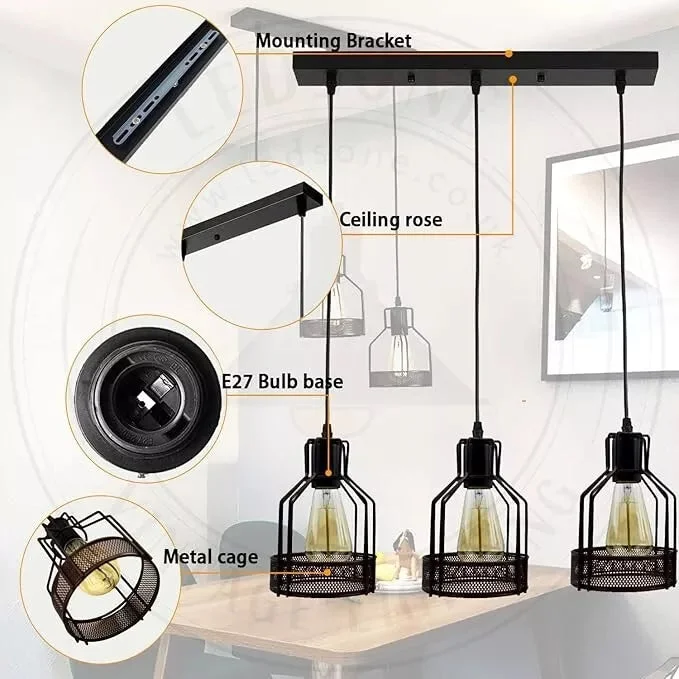 Black 3 light pendant with diamond cage metal design, hanging from PVC cord, featuring 3 pendant lights.