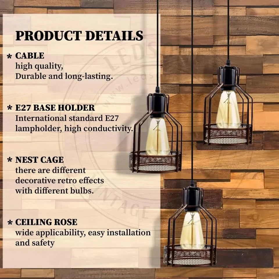 Black metal pendant lighting with three diamond cage lamps hanging from ceiling, exposed steel cable and black shade