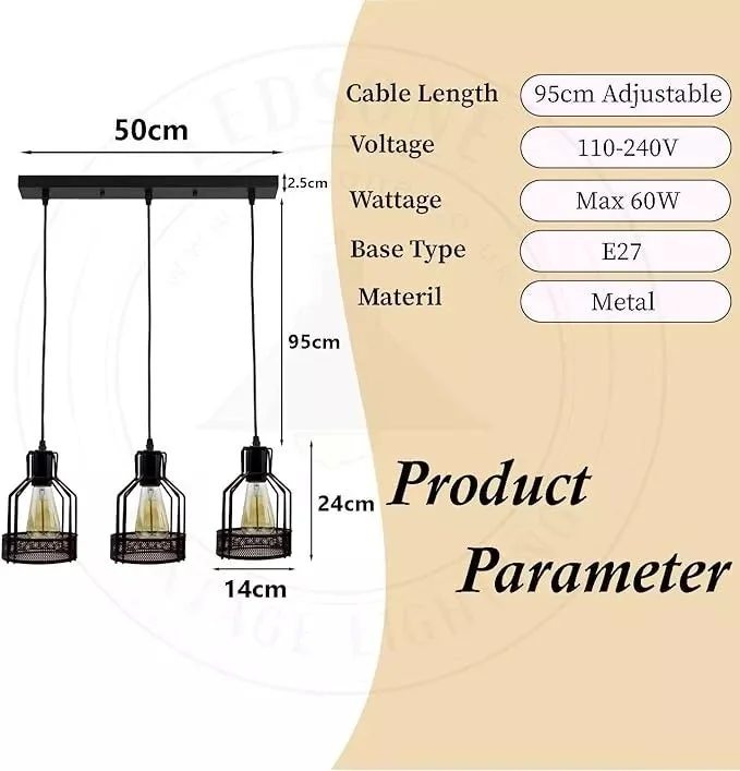 Black pendant light with diamond wire cage shade and 3 hanging units on ceiling cables, industrial design.