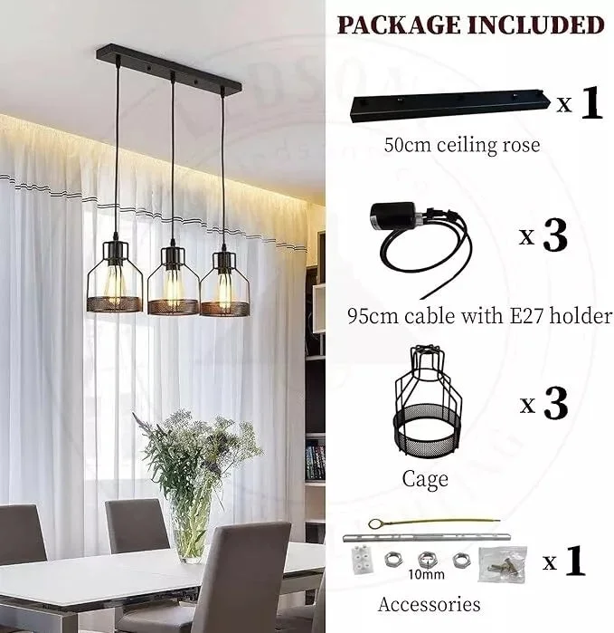 Three black pendant lights hang from the ceiling with metal cage shades in an industrial style – a perfect black pendant light.