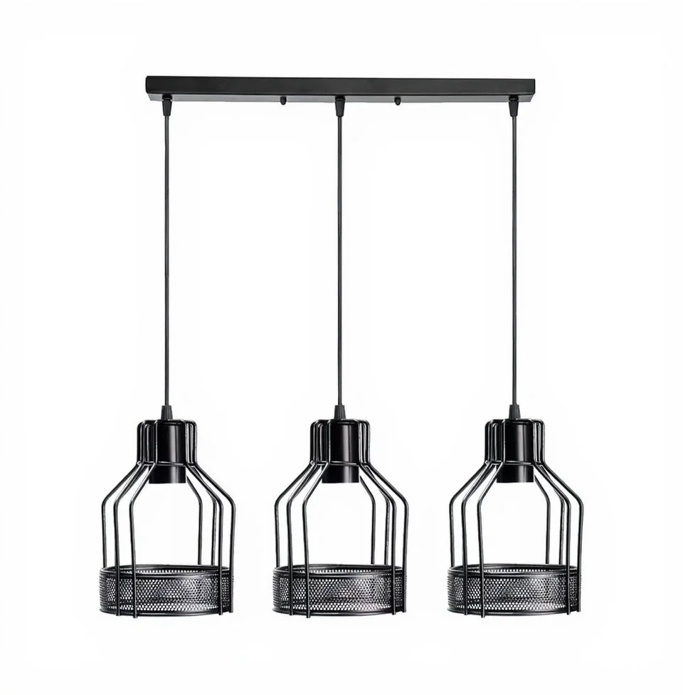 Black pendant light with three diamond cage shades hanging from a ceiling, each with a cage and dimmable E27 bulb holder.