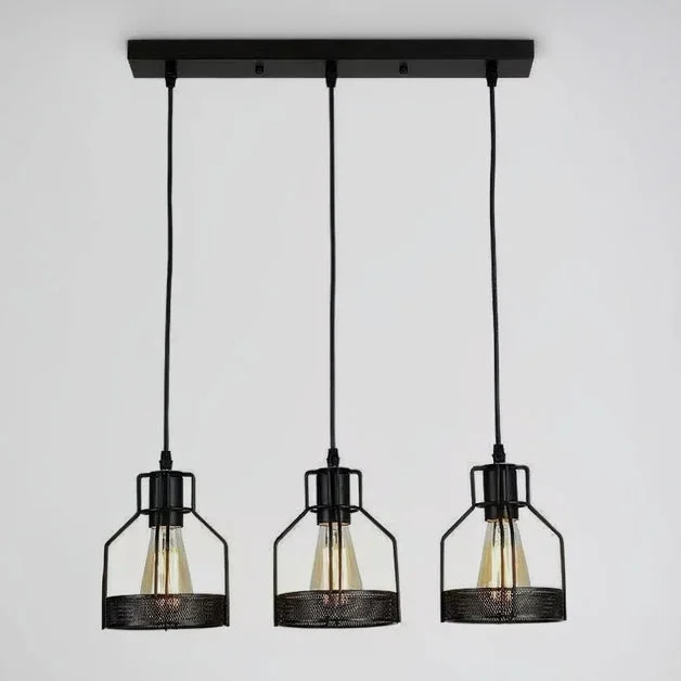Black pendant light with three metal diamond cage shades, industrial design, hanging from ceiling with 95 cm cables