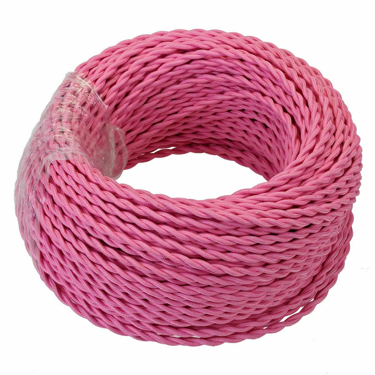 a length of vintage twisted electrical cable, fabric‑braided with copper cores and PVC insulation