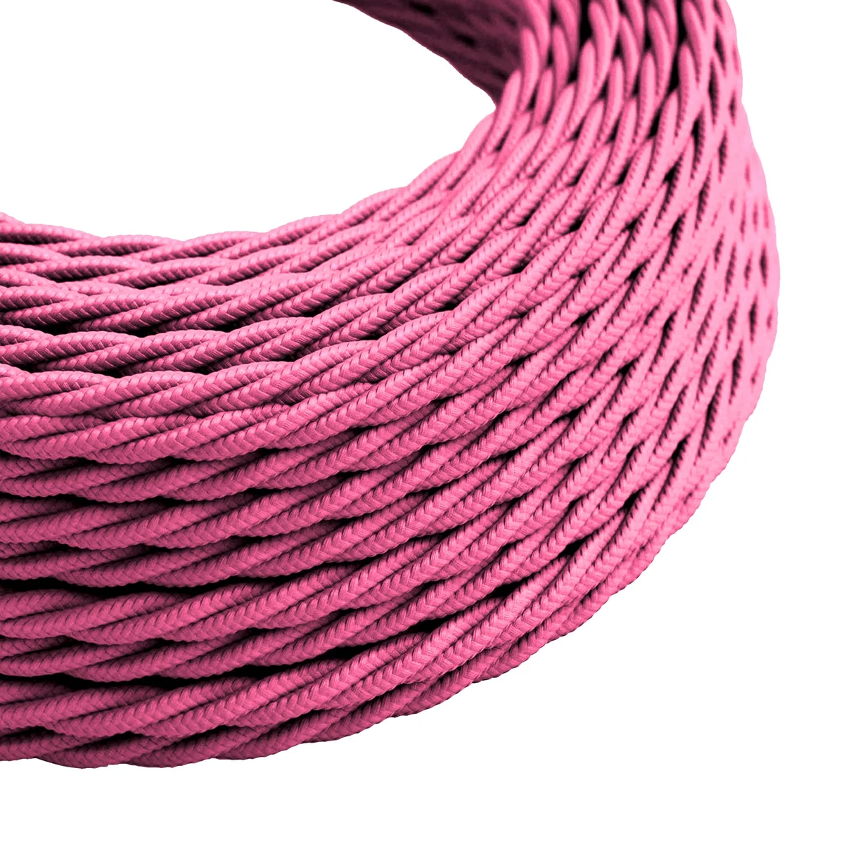 Vintage 2-core twisted braided fabric cable with insulation, copper cores, black fabric braid, cable mounted on white surface