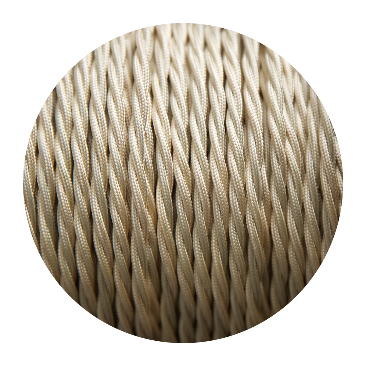 Twisted fabric cable in ivory, 2‑core electrical with PVC sleeve, shown on light background