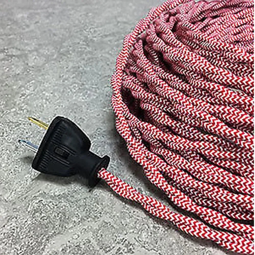 Indoor twisted cable, 1m long, 5mm diameter, white braided fabric with copper cores.