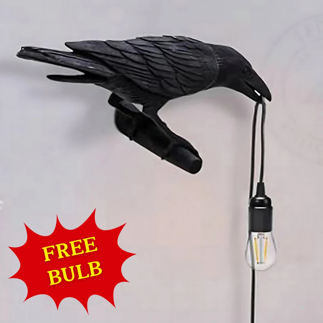 Black resin crow lamp – art deco wall light with detailed carved crow, black resin, E27 base, modern design.